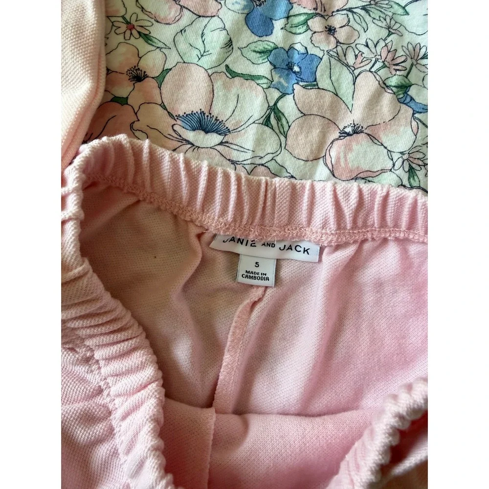 Janie and Jack Girls 3pc Set Pink Polo Floral Top Skort Shorts Size 5